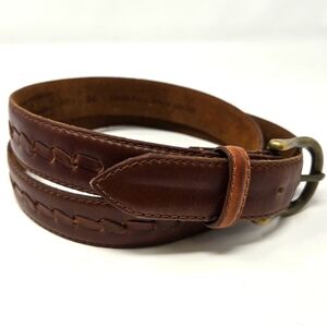 EDDIE BAUER BROWN LEATHER BELT BRASS BUCKLE TWISTED STITCHES MEN SIZE 36 WESTERN